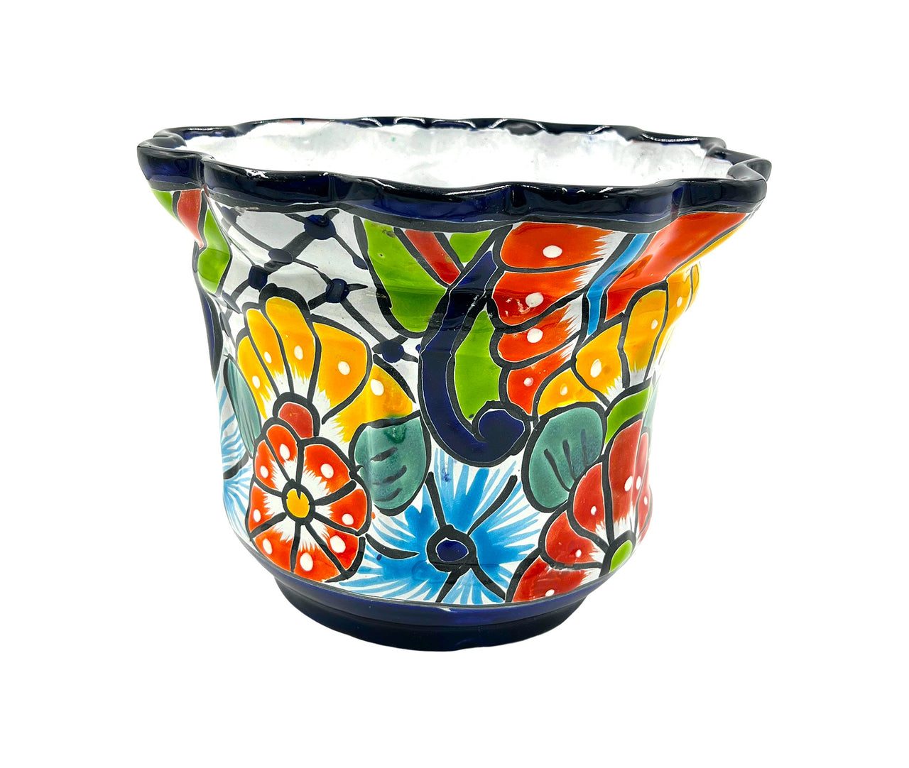 Mexican Talavera Scalloped Corona Rim Planter Planter Pot Hand Painted - Dark Blue Trim