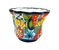 Thumbnail for Mexican Talavera Scalloped Corona Rim Planter Planter Pot Hand Painted - Dark Blue Trim