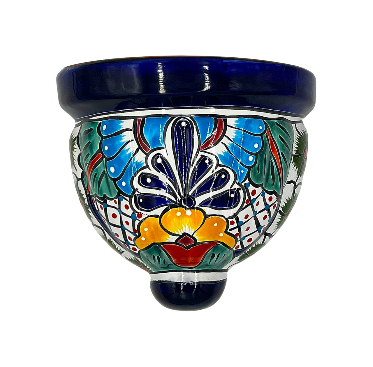 Mexican Talavera Wall Planter Pot - Hand Painted Wall Planter Dark Blue Trim