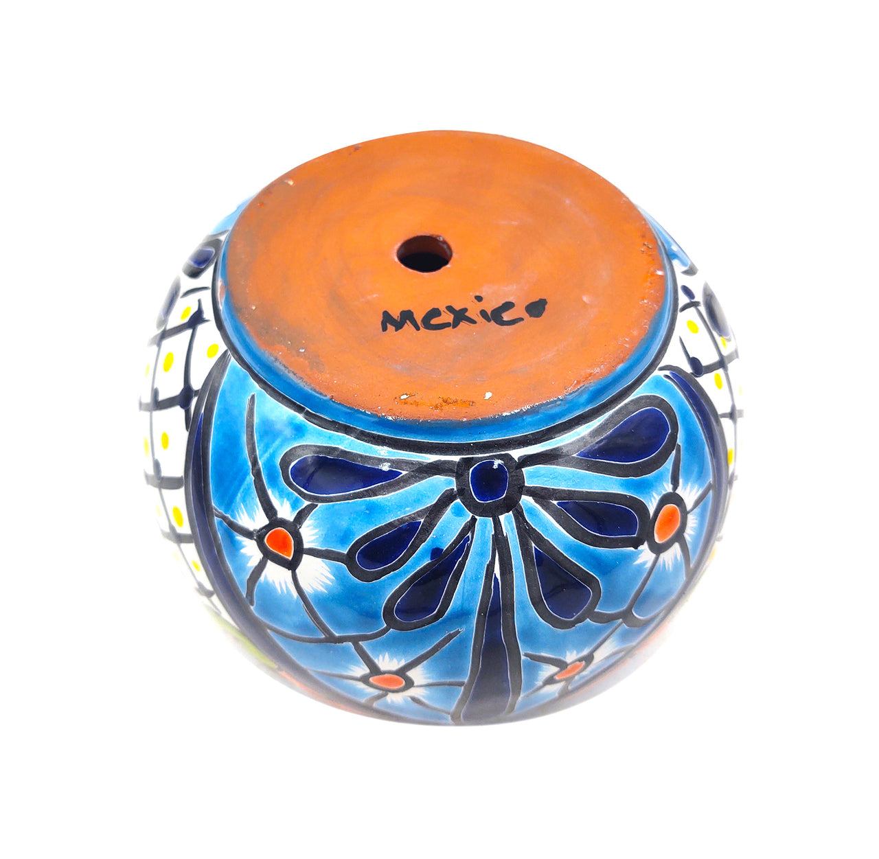 Mexican Talavera Bule Planter Pot Hand Painted - Light Blue Trim