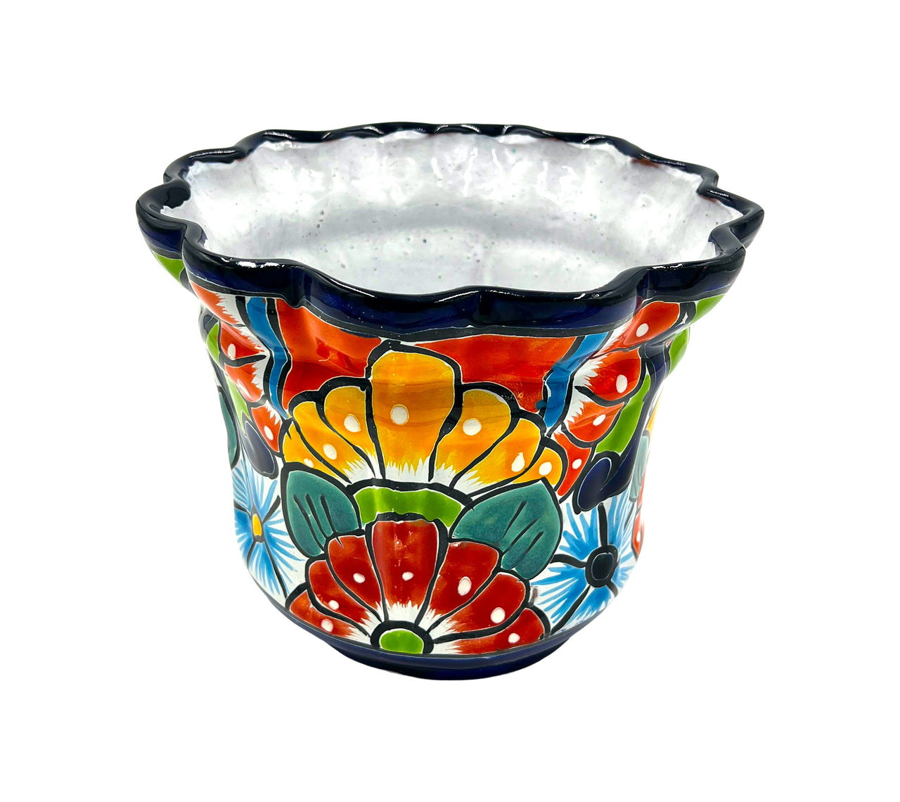 Mexican Talavera Scalloped Corona Rim Planter Planter Pot Hand Painted - Dark Blue Trim