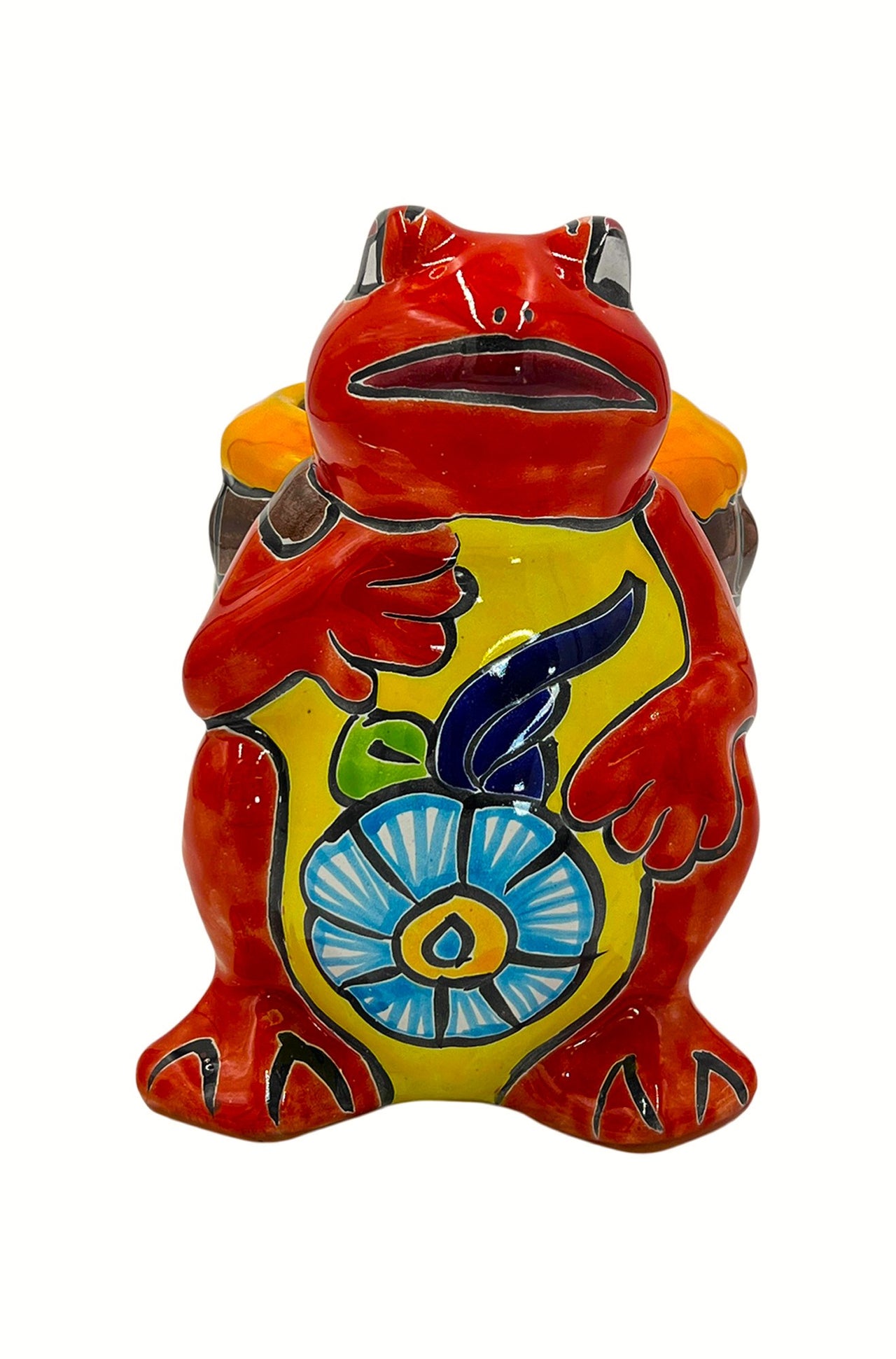Mexican Talavera Standing Frog with Basket Planter Pot Hand Painted - Red Frog