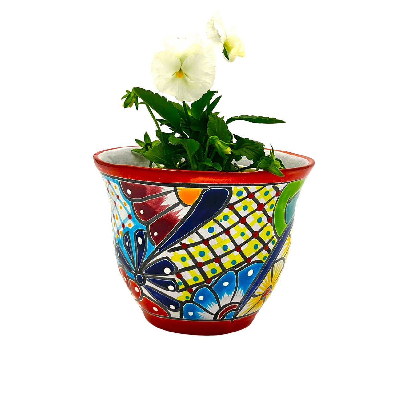 Mexican Talavera "Japonesa Planter" Pot Hand Painted - Red Trim