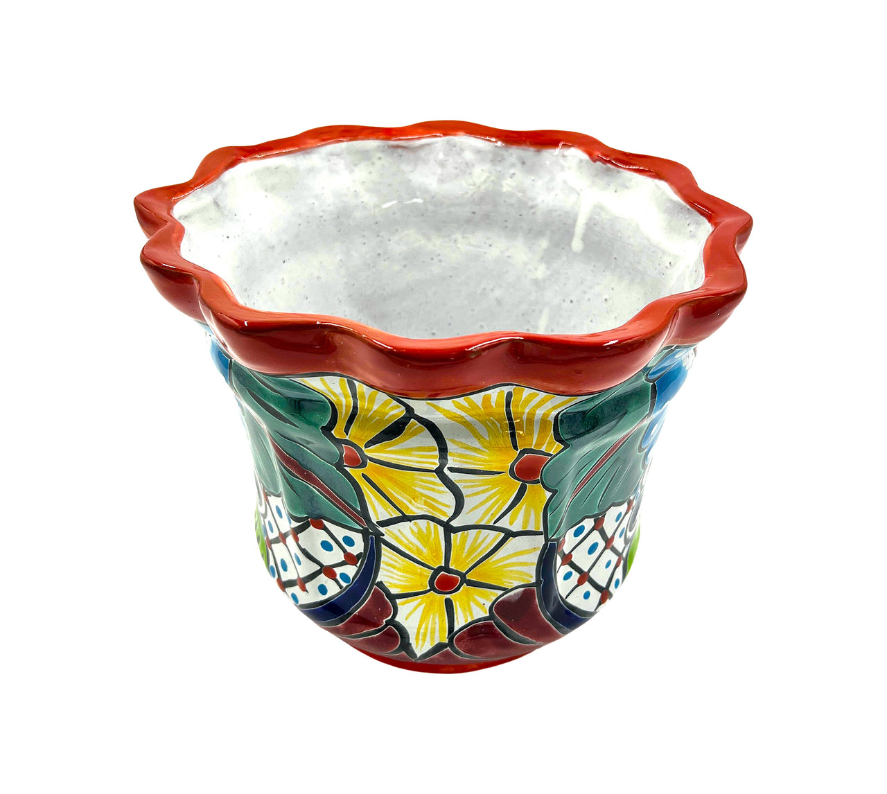 Mexican Talavera Scalloped Corona Rim Planter Planter Pot Hand Painted - Red Trim
