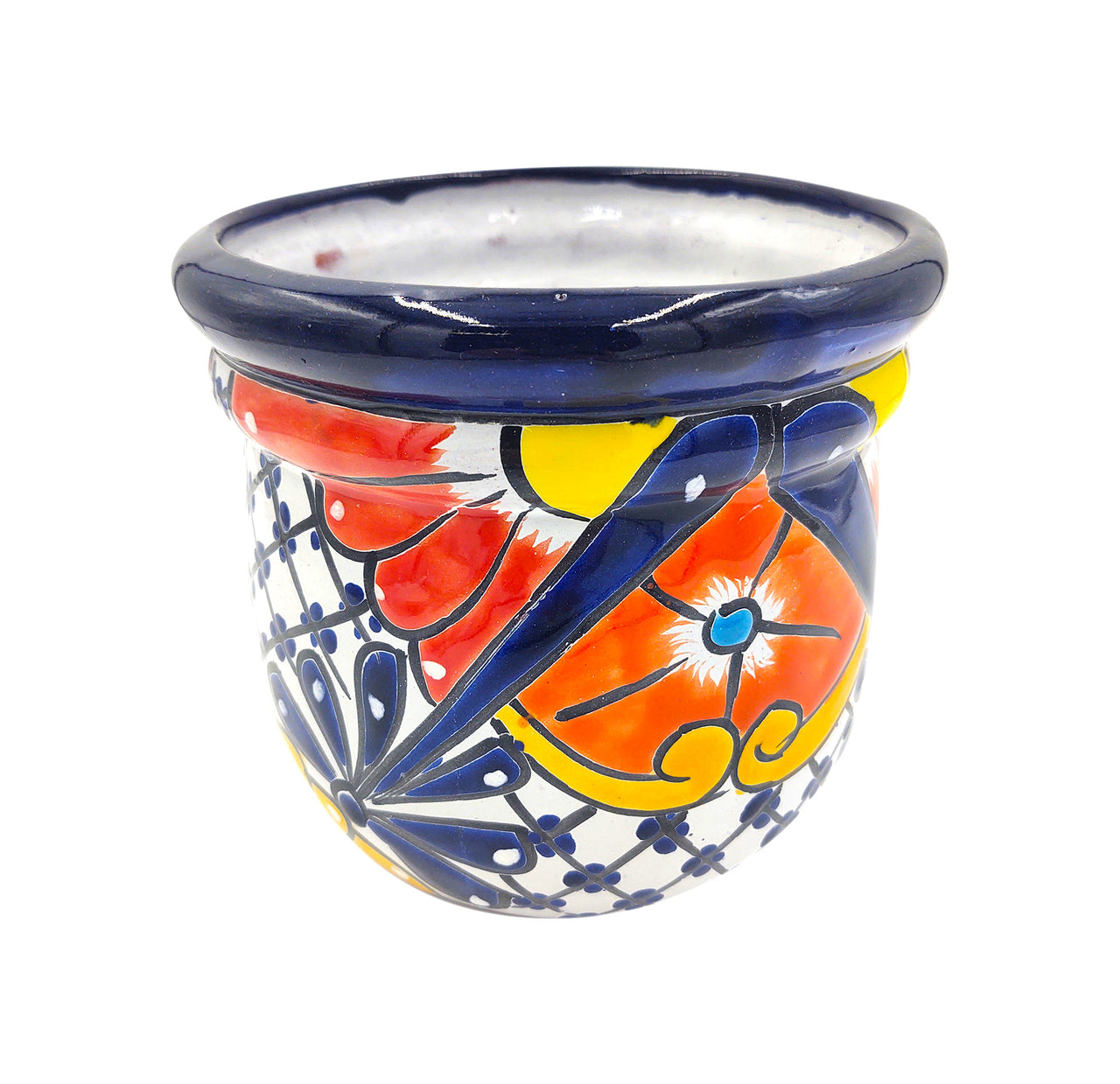 Mexican Talavera "Campanita" Planter Pot Hand Painted - Dark Blue Trim