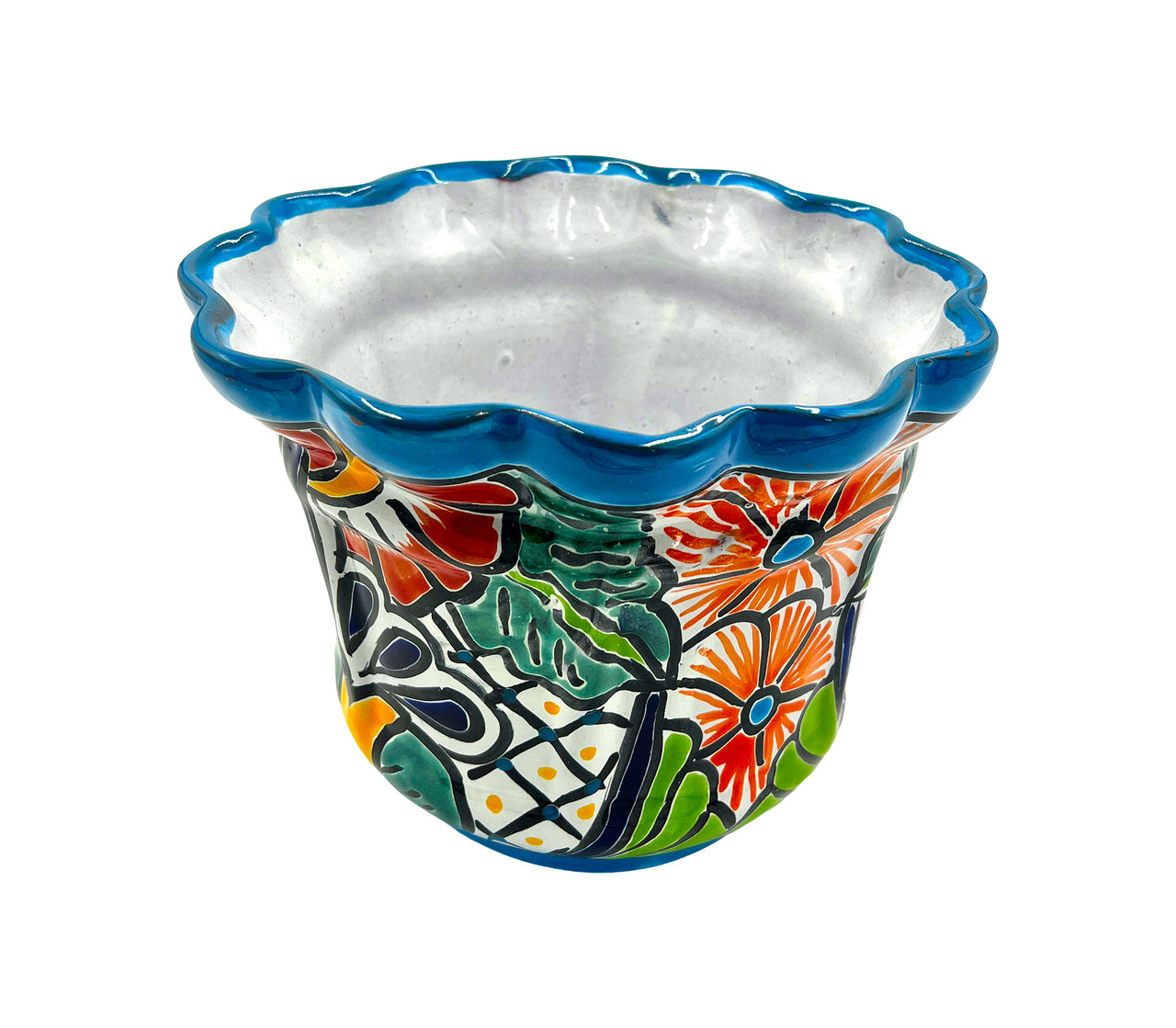 Mexican Talavera Scalloped Corona Rim Planter Planter Pot Hand Painted - Light Blue Trim