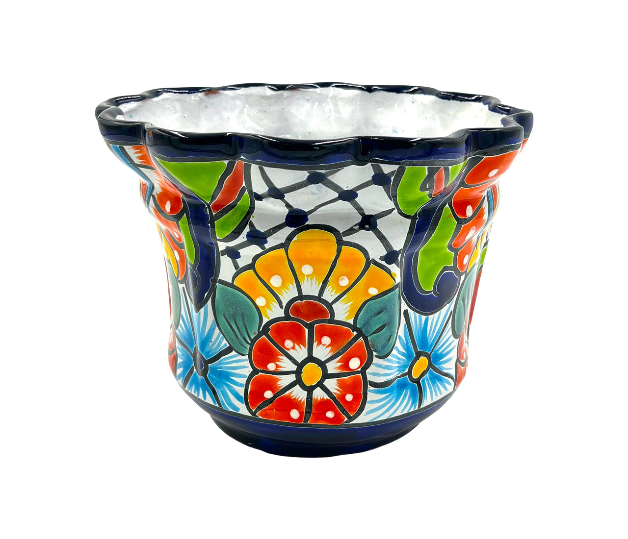 Mexican Talavera Scalloped Corona Rim Planter Planter Pot Hand Painted - Dark Blue Trim