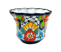 Thumbnail for Mexican Talavera Scalloped Corona Rim Planter Planter Pot Hand Painted - Dark Blue Trim