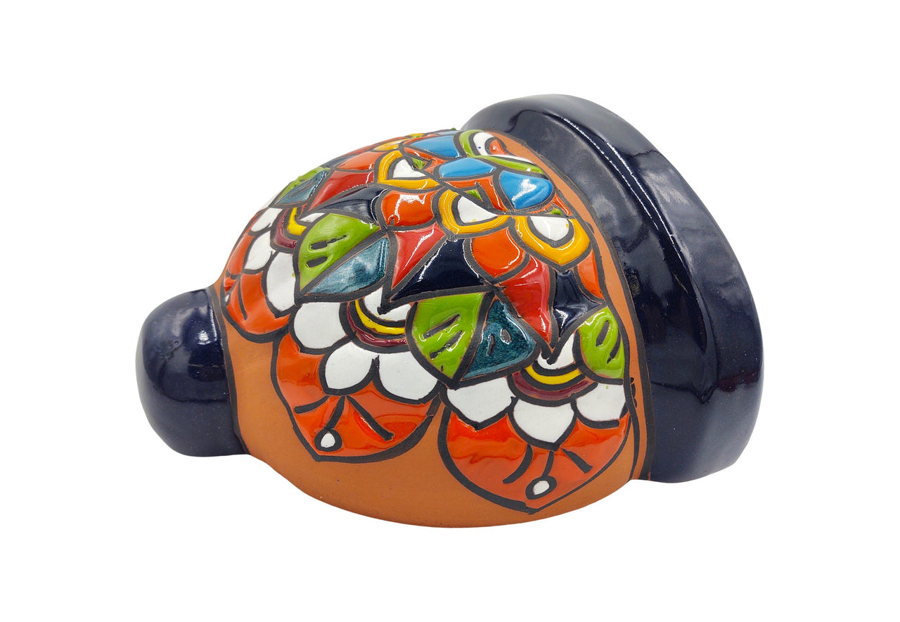 Terracotta Wall Planter Pot - Hand Painted Mexican Talavera - Dark Blue Trim