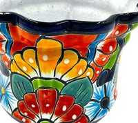 Thumbnail for Mexican Talavera Scalloped Corona Rim Planter Planter Pot Hand Painted - Dark Blue Trim