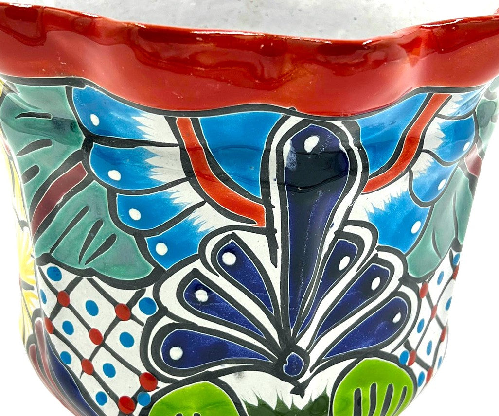 Mexican Talavera Scalloped Corona Rim Planter Planter Pot Hand Painted - Red Trim