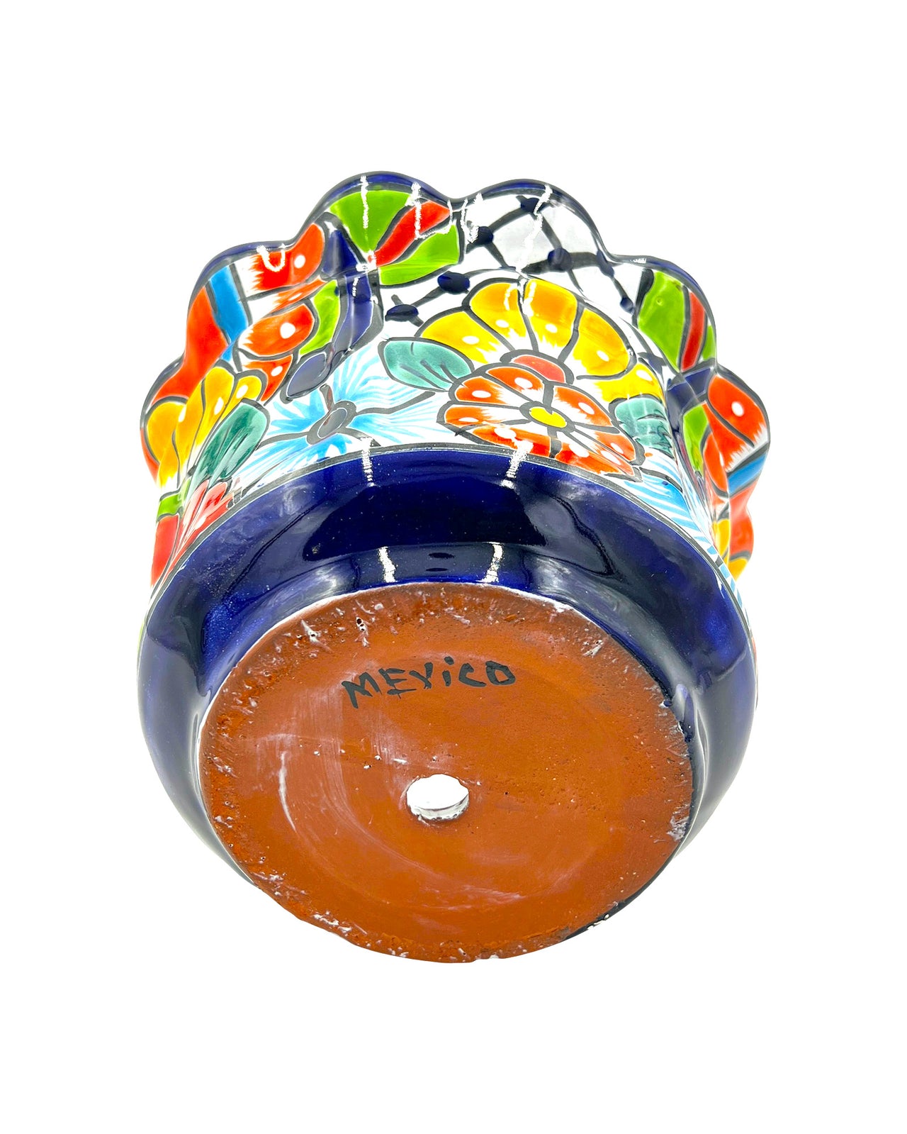 Mexican Talavera Scalloped Corona Rim Planter Planter Pot Hand Painted - Dark Blue Trim