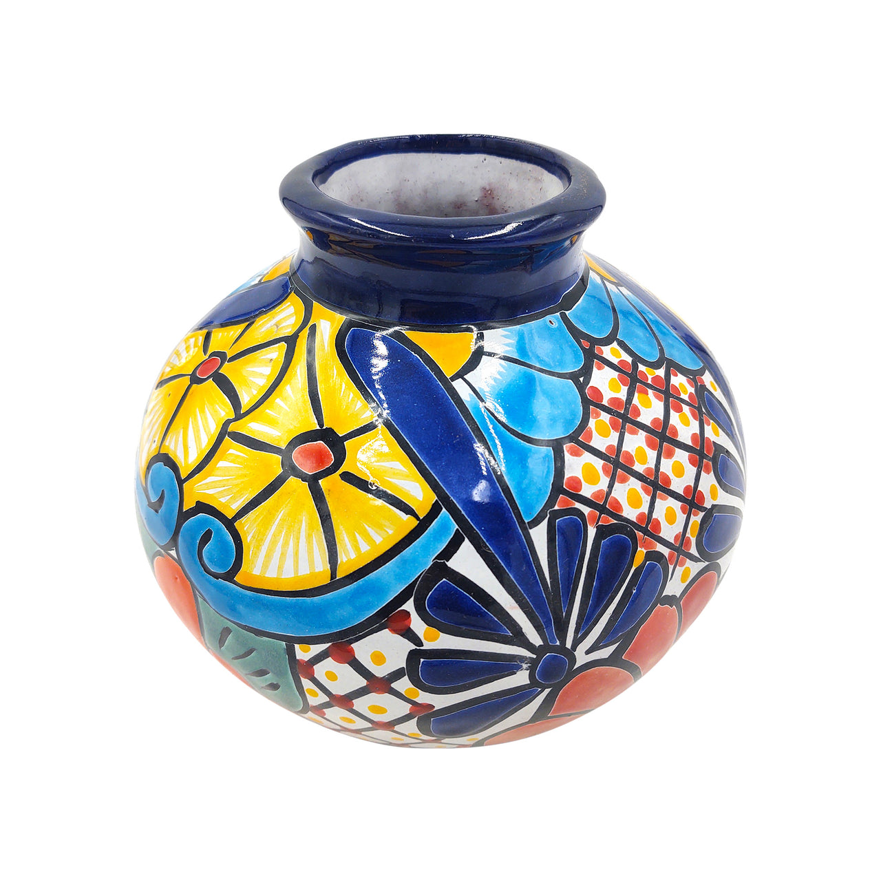 Mexican Talavera Hand Painted Flower Vase - Traditional Mexican Decorative Florero for Home Décor With Dark Blue Trim