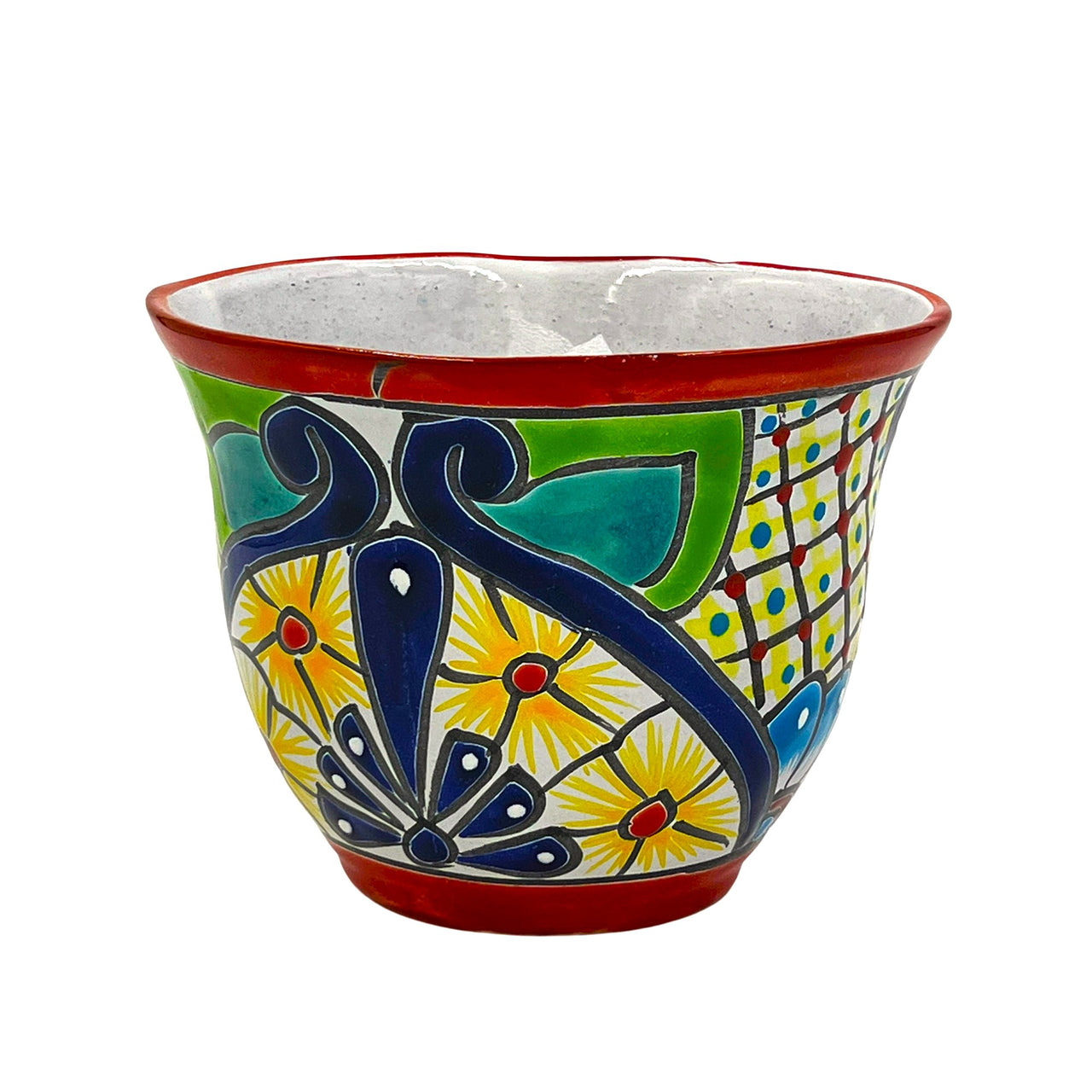 Mexican Talavera "Japonesa Planter" Pot Hand Painted - Red Trim