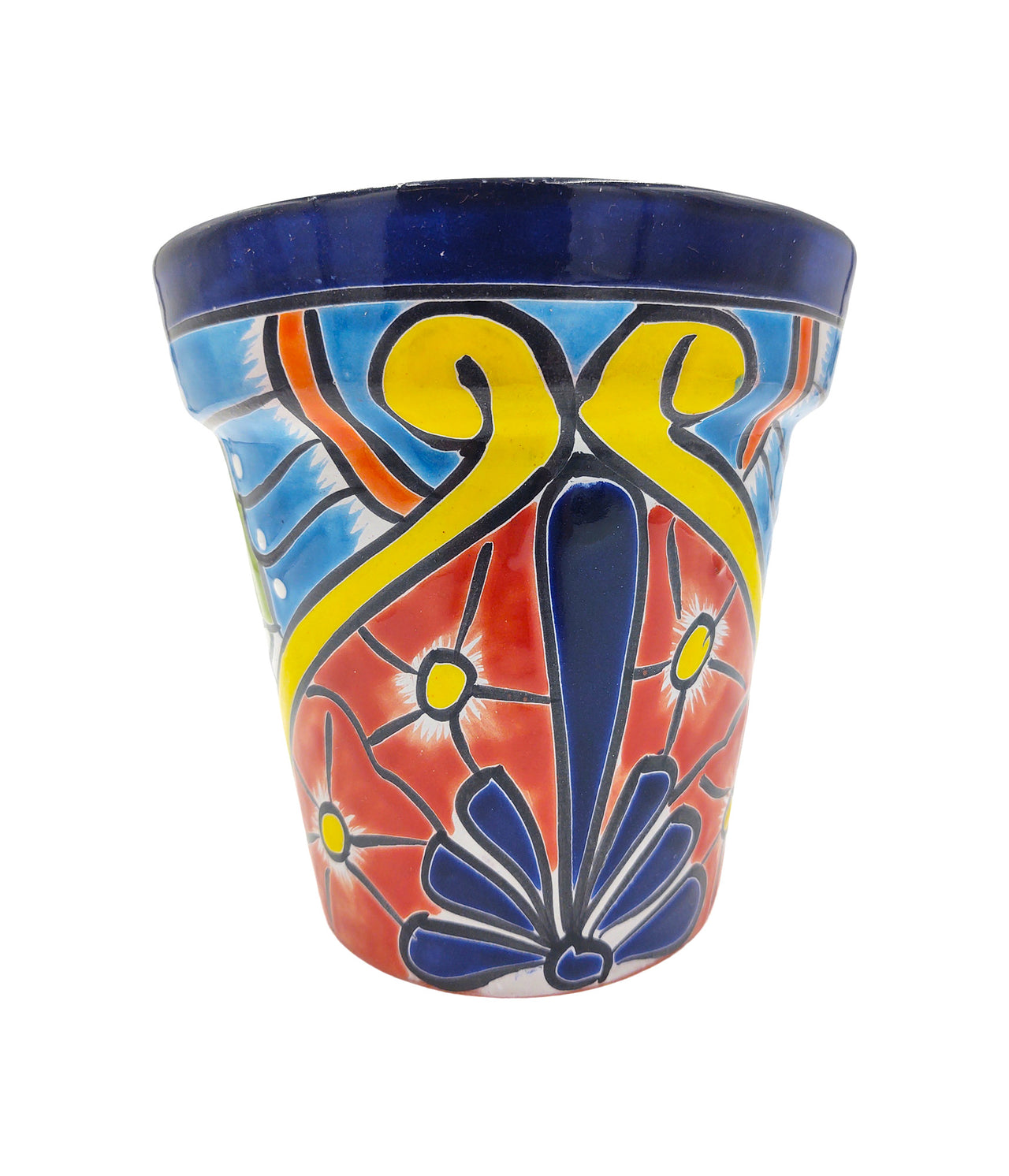 Mexican Talavera Hand Painted Planter Pot (Maceta Ranchera #18) - Traditional Ceramic Garden & Home Décor - Dark Blue Trim