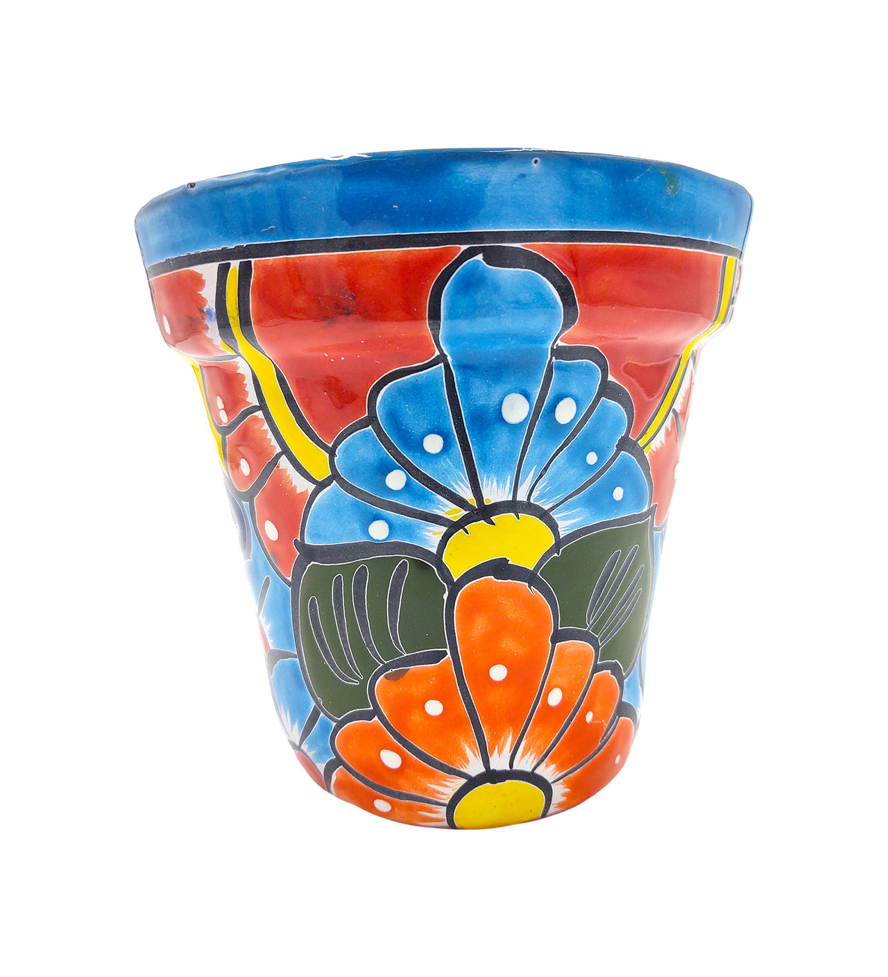Mexican Talavera Hand Painted Planter Pot (Maceta Ranchera #18) - Traditional Ceramic Garden & Home Décor - Light Blue Trim