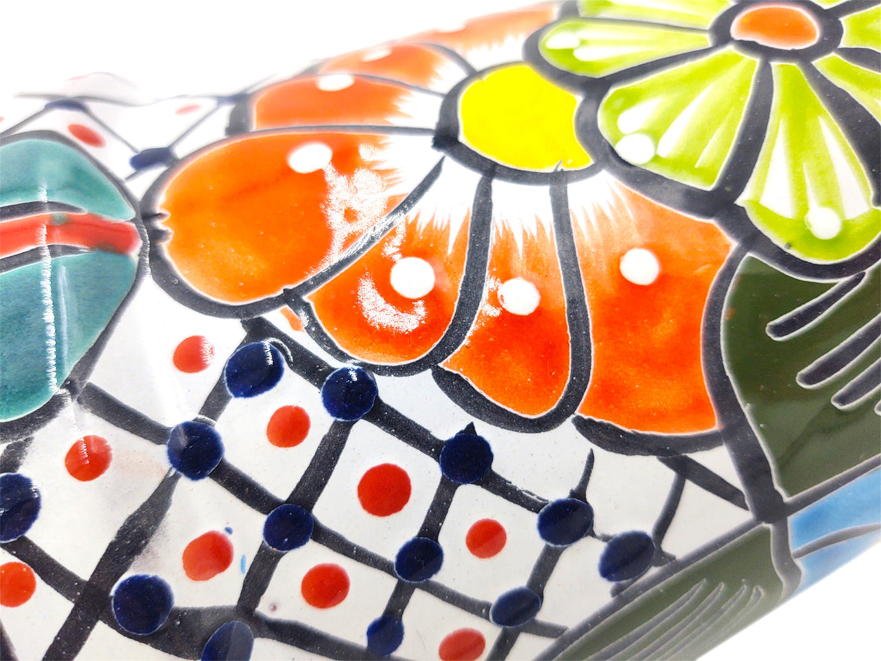 Mexican Talavera Hand Painted Planter Pot (Maceta Ranchera #18) - Traditional Ceramic Garden & Home Décor - Light Blue Trim