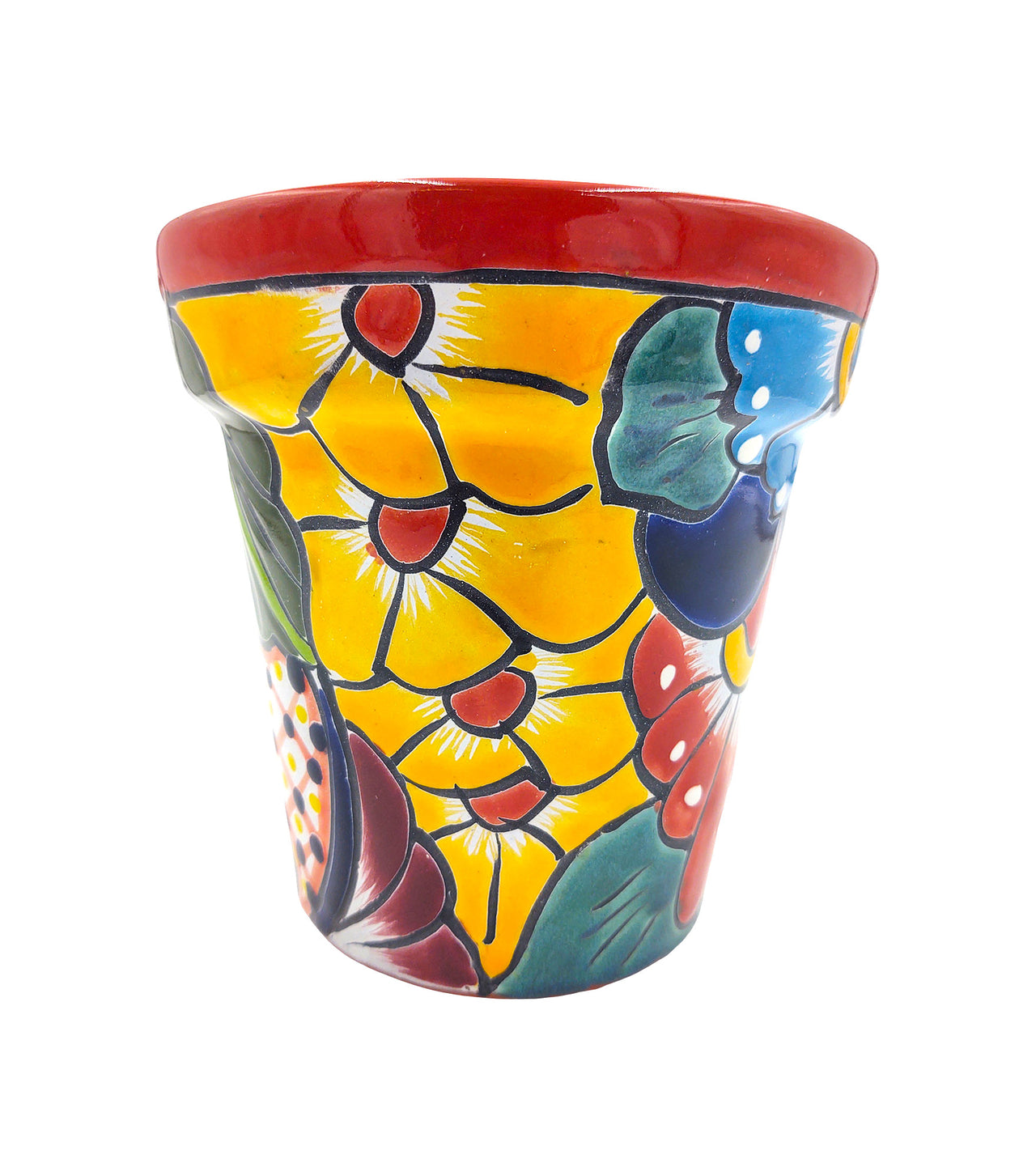 Mexican Talavera Hand Painted Planter Pot (Maceta Ranchera #18) - Traditional Ceramic Garden & Home Décor - Red Trim