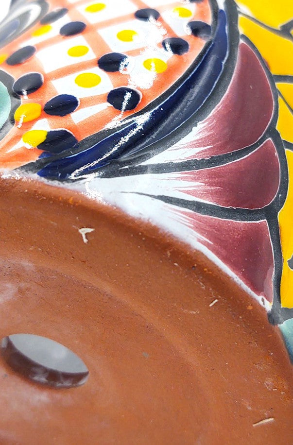 Mexican Talavera Hand Painted Planter Pot (Maceta Ranchera #18) - Traditional Ceramic Garden & Home Décor - Red Trim