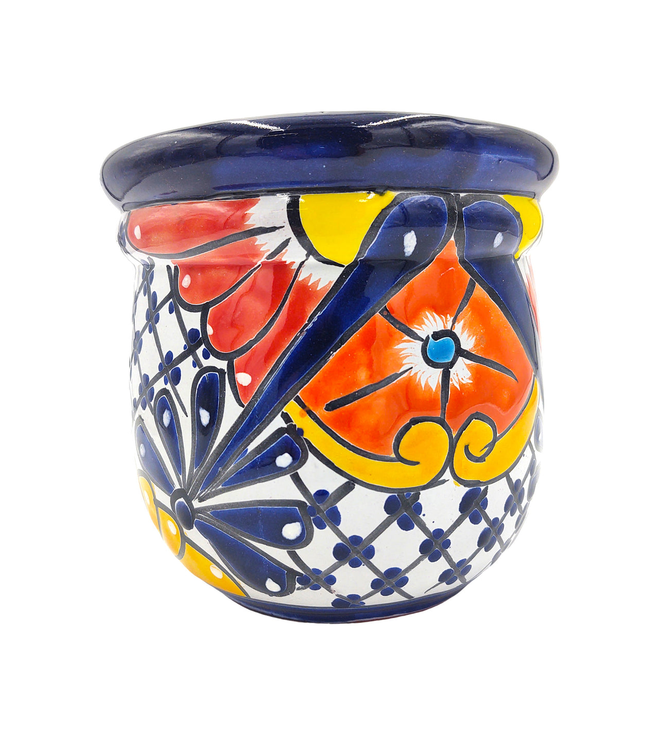 Mexican Talavera "Campanita" Planter Pot Hand Painted - Dark Blue Trim