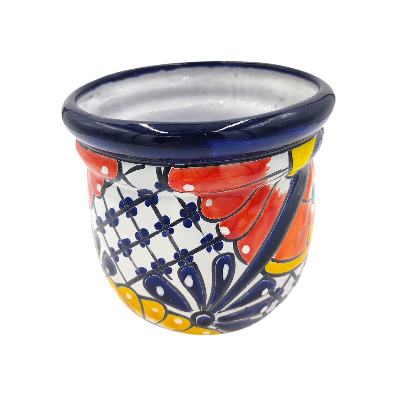 Mexican Talavera "Campanita" Planter Pot Hand Painted - Dark Blue Trim