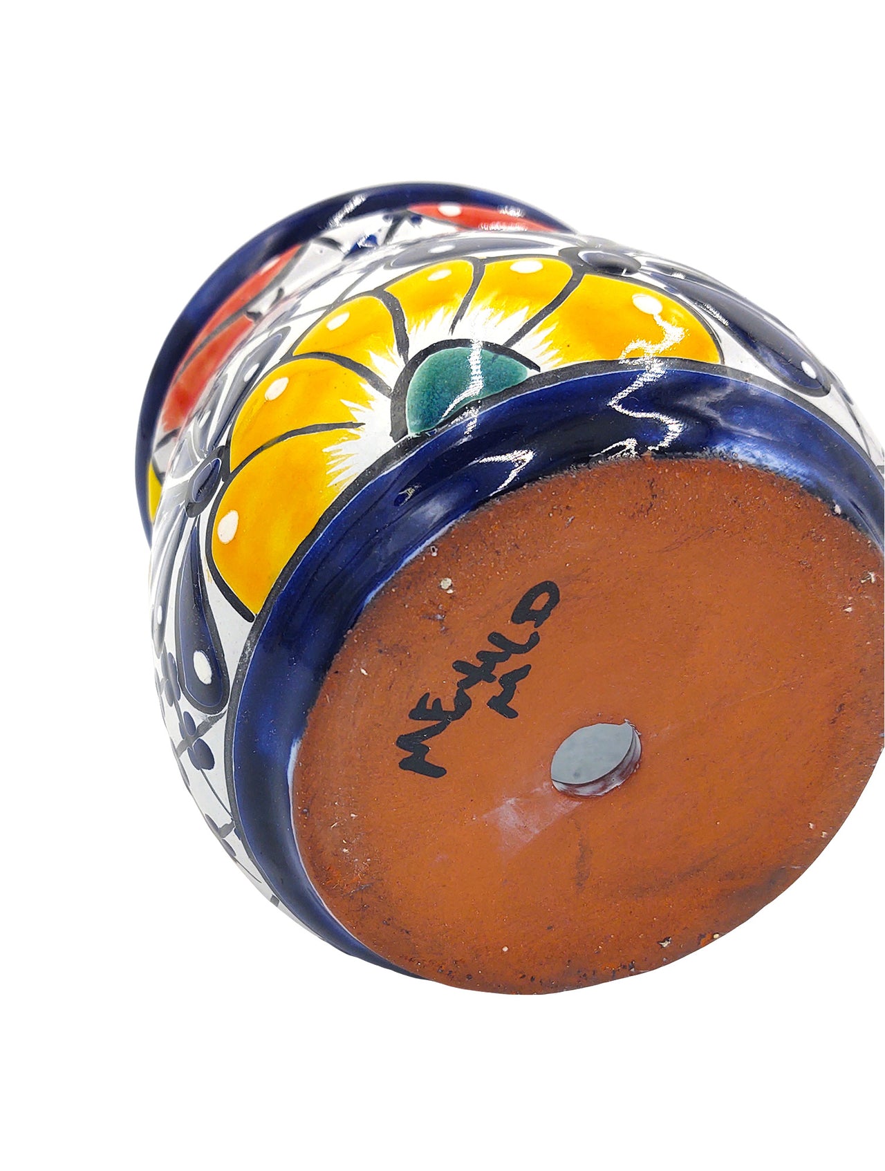 Mexican Talavera "Campanita" Planter Pot Hand Painted - Dark Blue Trim