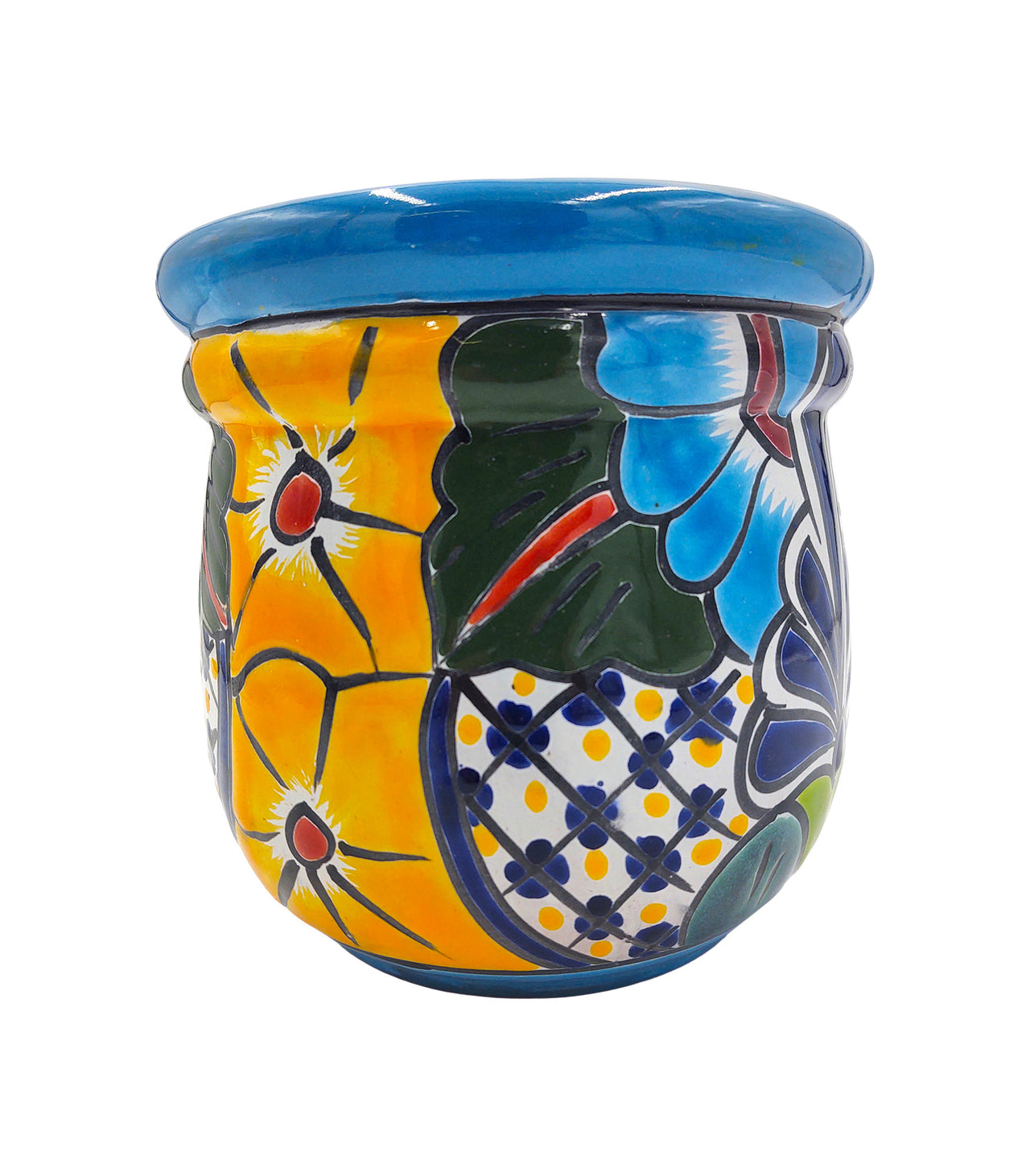 Mexican Talavera "Campanita" Planter Pot Hand Painted - Light Blue Trim