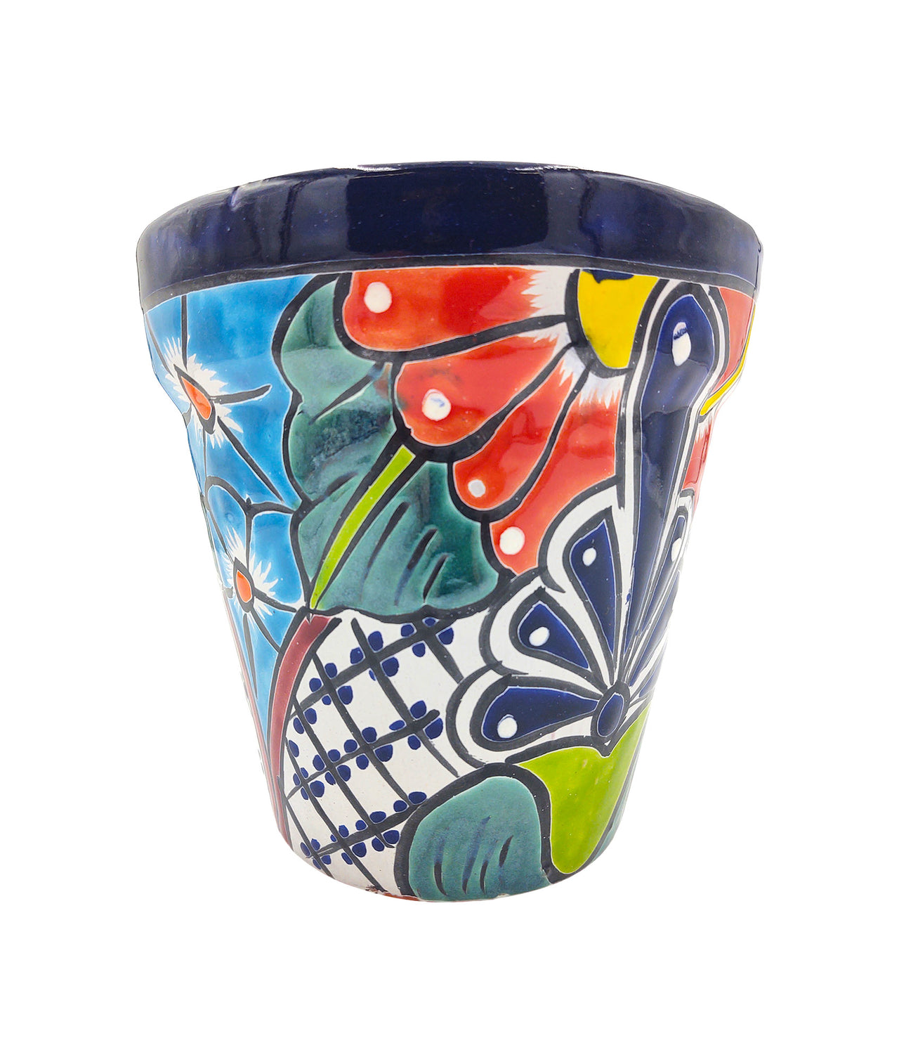 Mexican Talavera Hand Painted Planter Pot (Maceta Ranchera #20) - Traditional Ceramic Garden & Home Décor - Dark Blue Trim