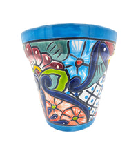 Thumbnail for Mexican Talavera Hand Painted Planter Pot (Maceta Ranchera #20) - Traditional Ceramic Garden & Home Décor - Light Blue Trim