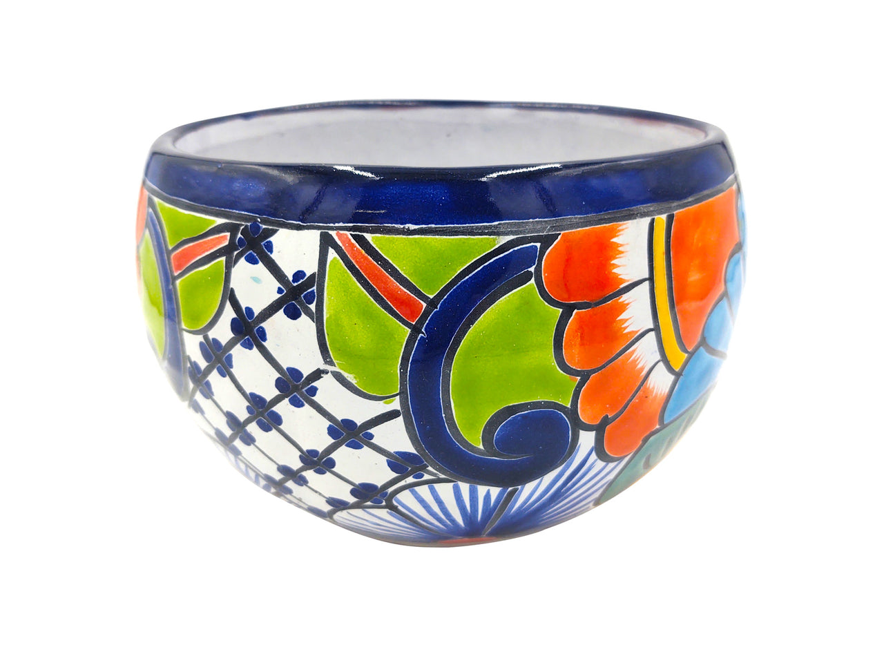 Mexican Talavera Bule Planter Pot Hand Painted - Dark Blue Trim