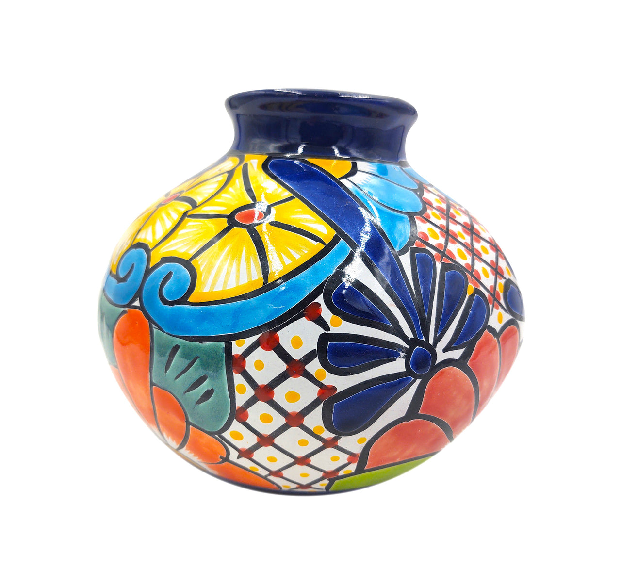 Mexican Talavera Hand Painted Flower Vase - Traditional Mexican Decorative Florero for Home Décor With Dark Blue Trim
