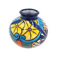 Thumbnail for Mexican Talavera Hand Painted Flower Vase - Traditional Mexican Decorative Florero for Home Décor With Dark Blue Trim