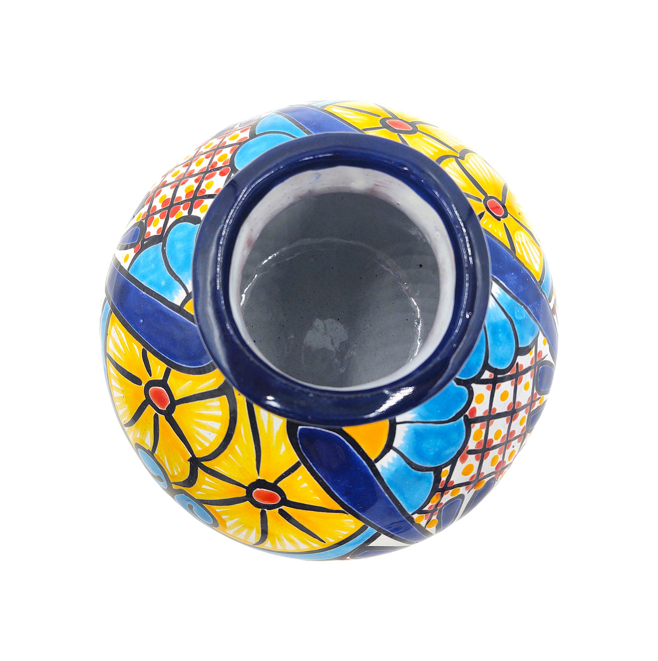 Mexican Talavera Hand Painted Flower Vase - Traditional Mexican Decorative Florero for Home Décor With Dark Blue Trim