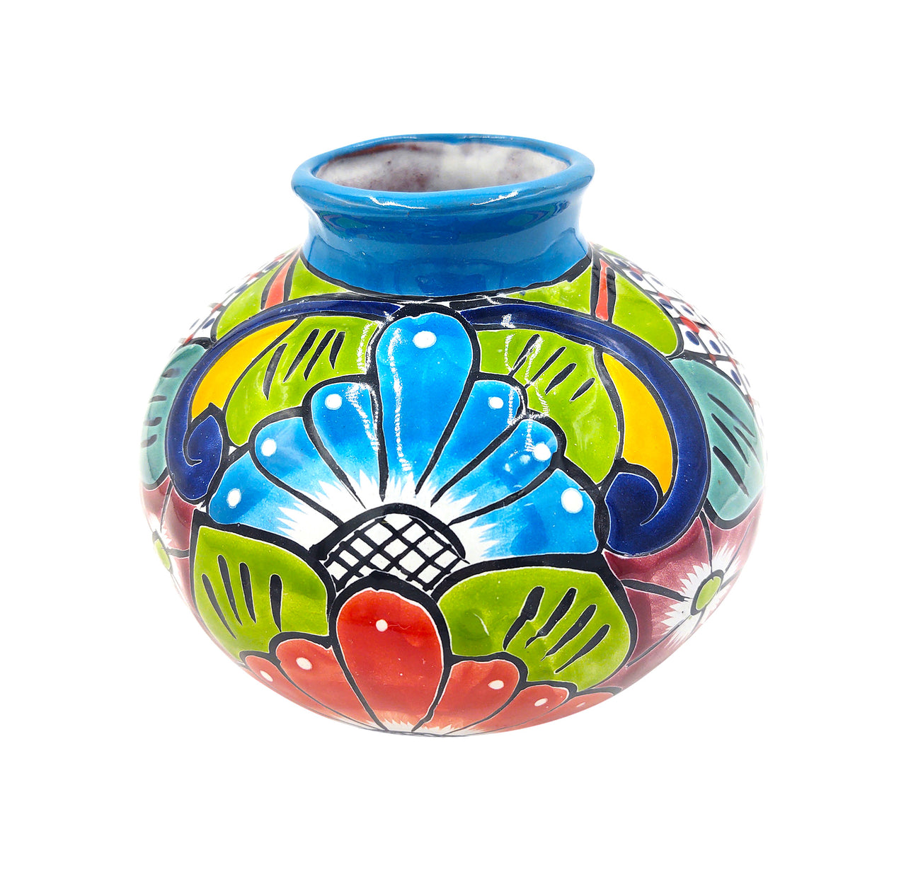 Mexican Talavera Hand Painted Flower Vase - Traditional Mexican Decorative Florero for Home Décor With Light Blue Trim