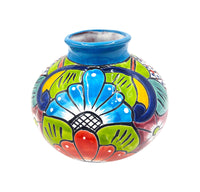 Thumbnail for Mexican Talavera Hand Painted Flower Vase - Traditional Mexican Decorative Florero for Home Décor With Light Blue Trim