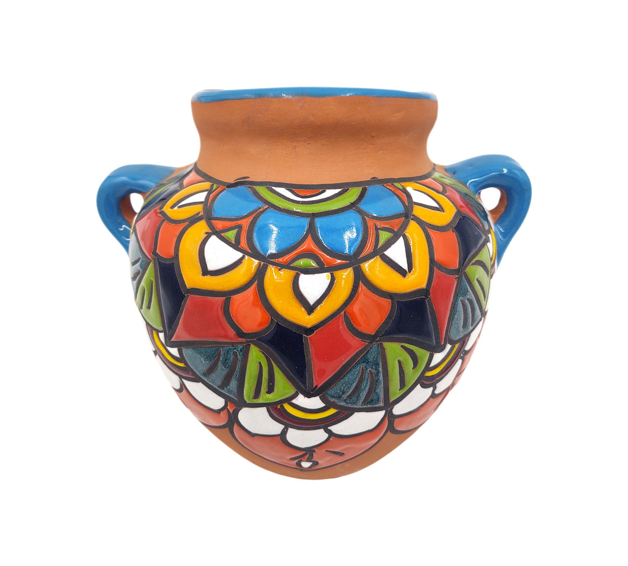 Mexican Talavera Terracotta Cubanito Wall Planter Pot, Hand Painted Traditional Maceta de Pared for Home & Garden Décor - Light Blue Trim Trim