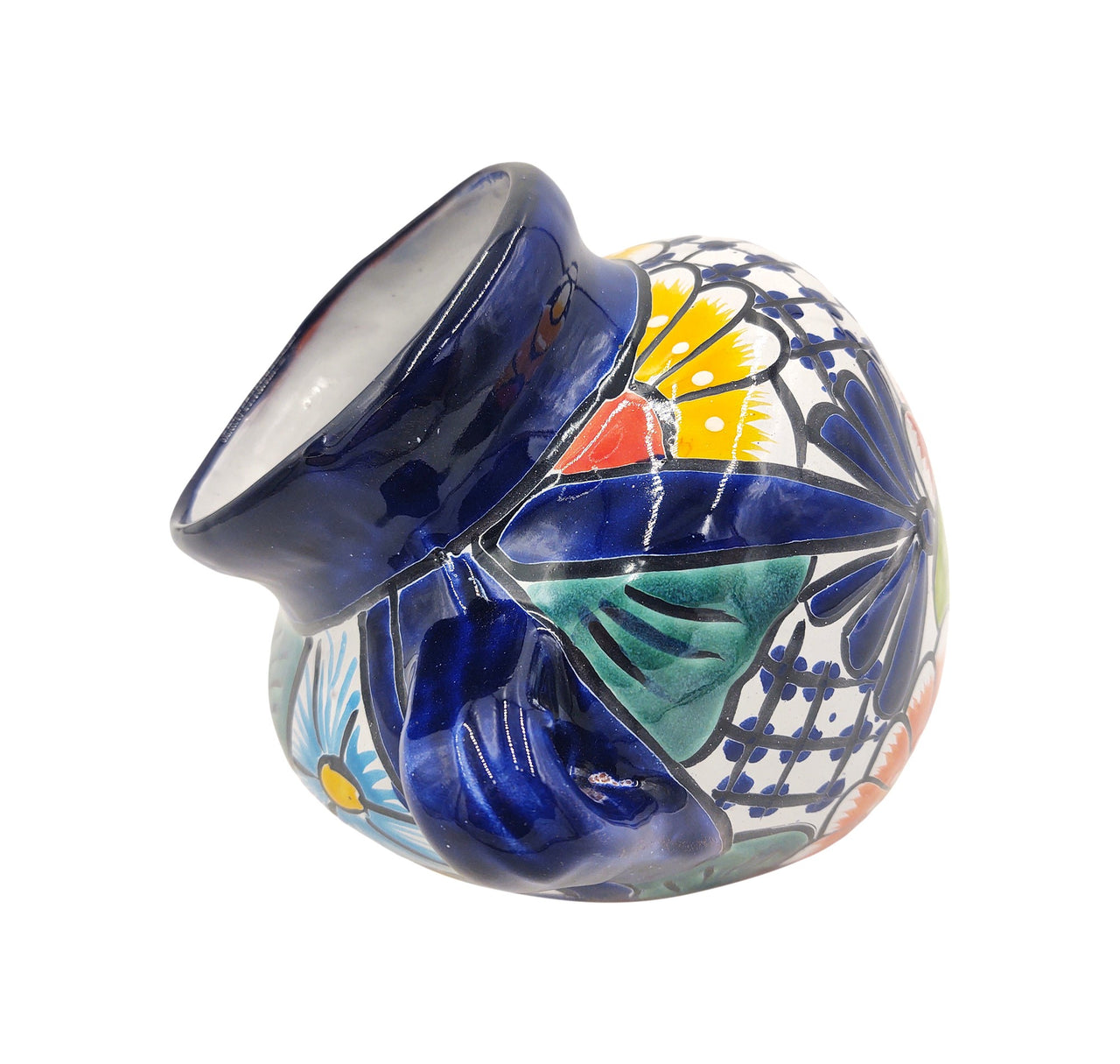 Mexican Talavera Cubanito Wall Planter Pot, Hand Painted Traditional Maceta de Pared for Home & Garden Décor - Dark Blue Trim