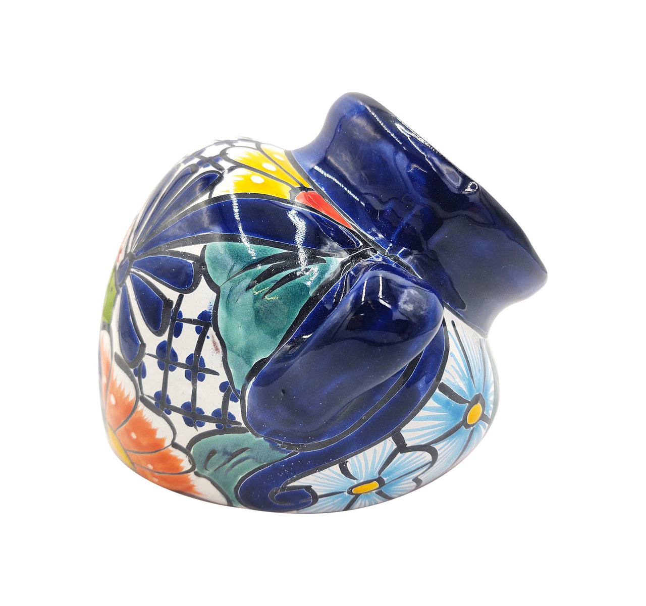 Mexican Talavera Cubanito Wall Planter Pot, Hand Painted Traditional Maceta de Pared for Home & Garden Décor - Dark Blue Trim