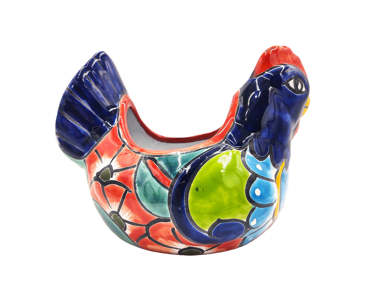 Mexican Talavera Gallina Chica (Small Chicken) Mexican Planter Pot Hand Painted  Décor Hen Planter - Red Trim