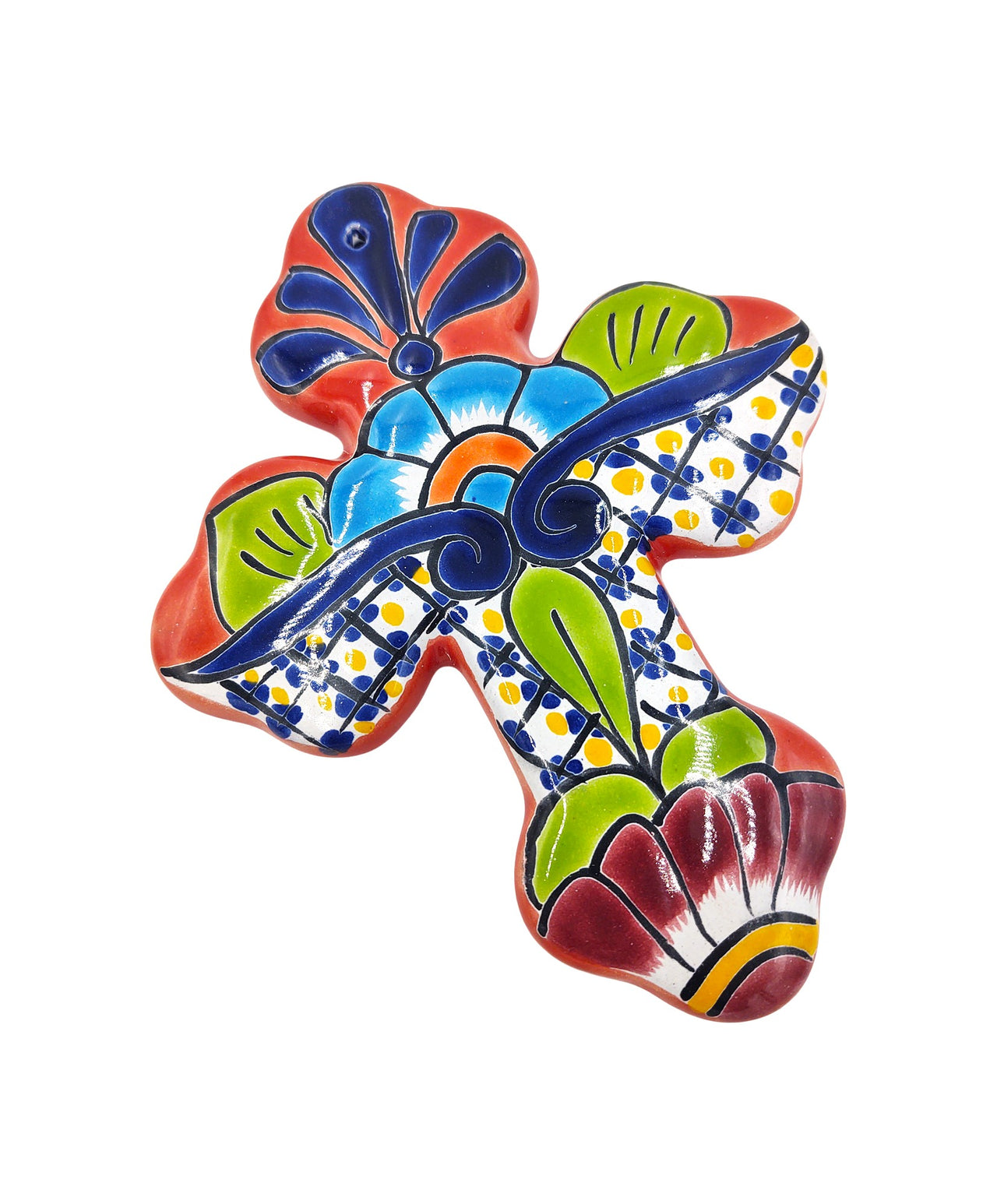 Mexican Talavera Wall Cross 8.5" - Hand Painted, Traditional Mexican Décor - Red Trim