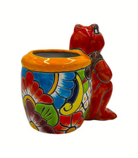 Thumbnail for Mexican Talavera Standing Frog with Basket Planter Pot Hand Painted - Red Frog
