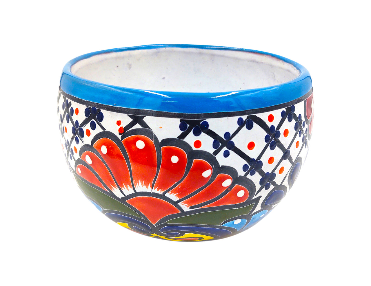 Mexican Talavera Bule Planter Pot Hand Painted - Light Blue Trim