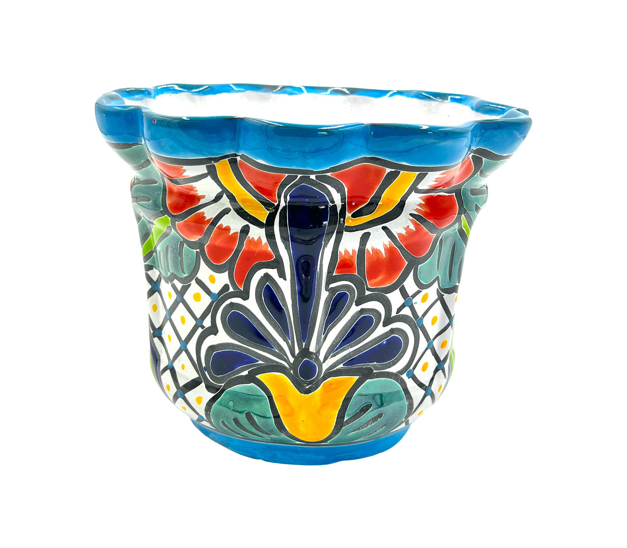 Mexican Talavera Scalloped Corona Rim Planter Planter Pot Hand Painted - Light Blue Trim