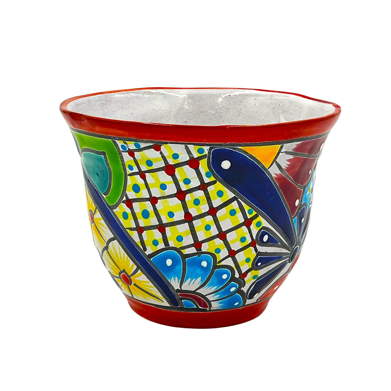 Mexican Talavera "Japonesa Planter" Pot Hand Painted - Red Trim