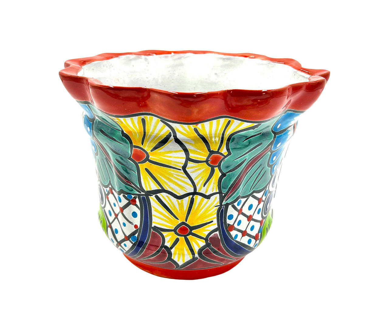Mexican Talavera Scalloped Corona Rim Planter Planter Pot Hand Painted - Red Trim