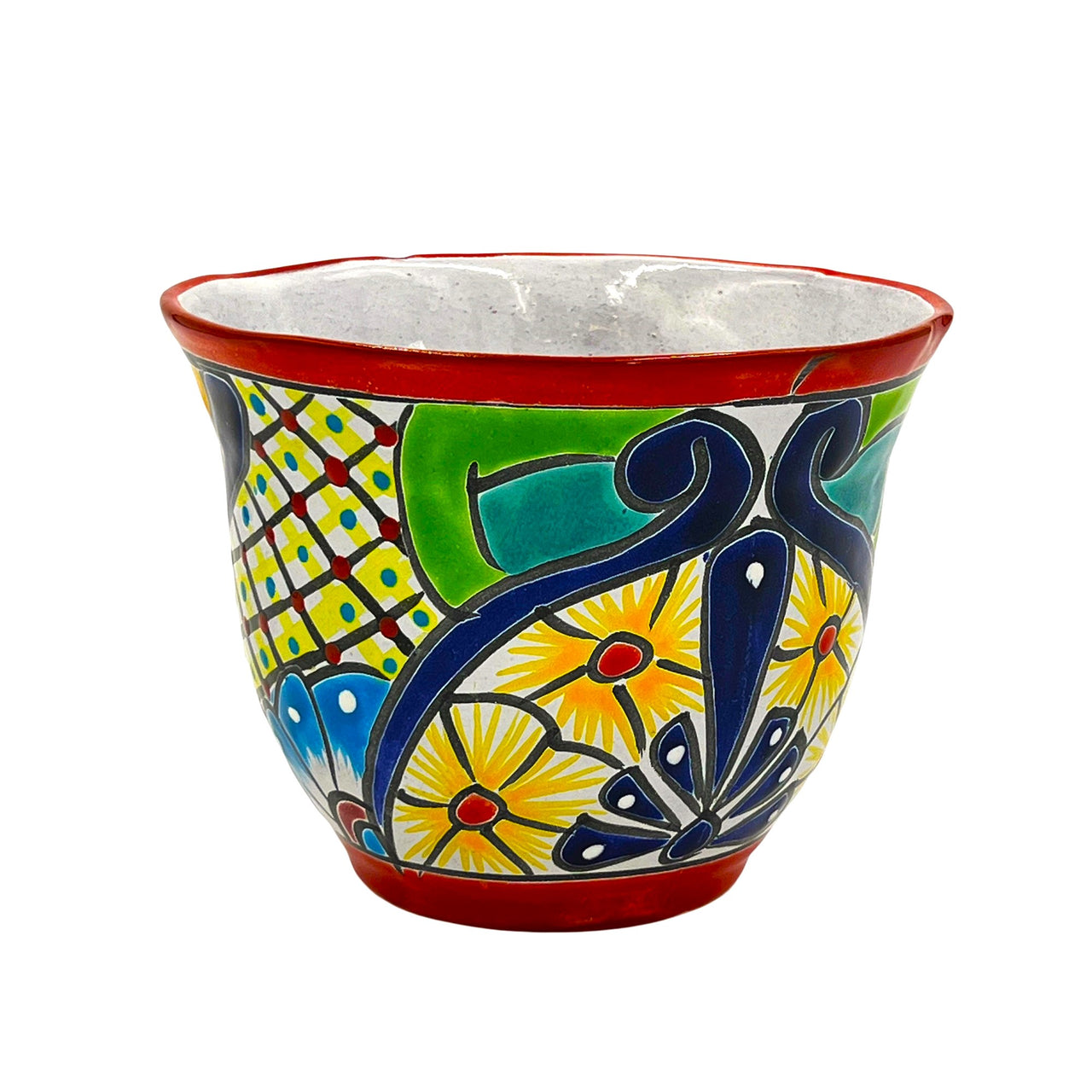 Mexican Talavera "Japonesa Planter" Pot Hand Painted - Red Trim