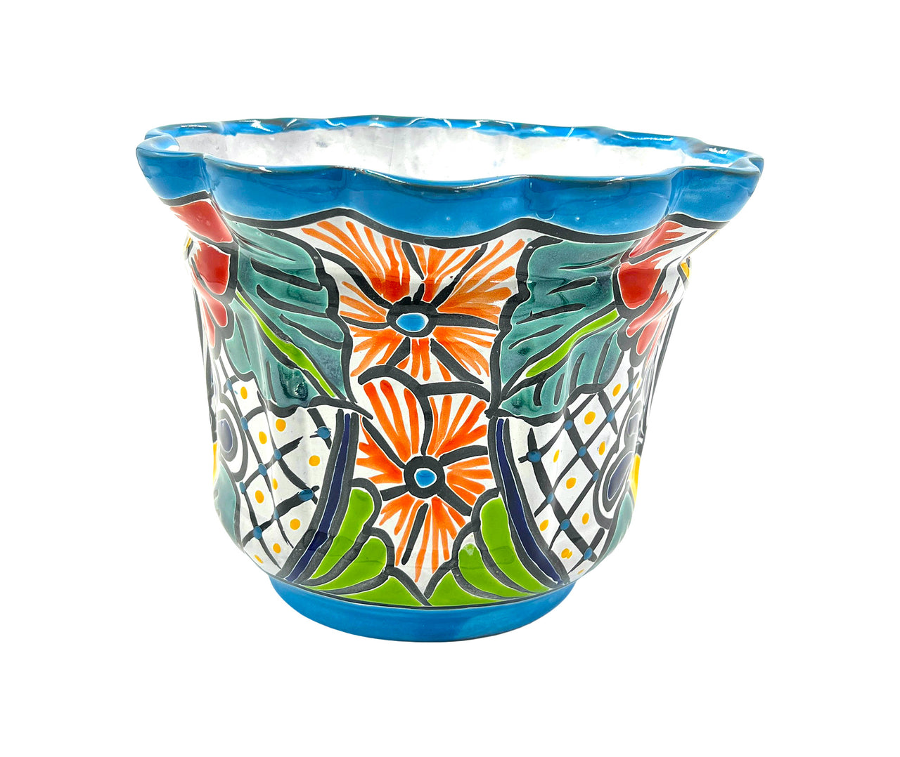 Mexican Talavera Scalloped Corona Rim Planter Planter Pot Hand Painted - Light Blue Trim
