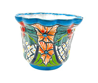 Thumbnail for Mexican Talavera Scalloped Corona Rim Planter Planter Pot Hand Painted - Light Blue Trim