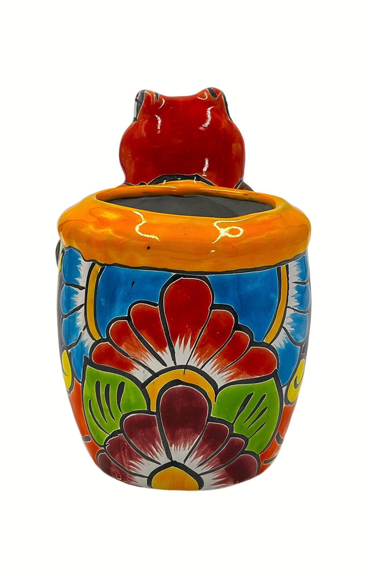 Mexican Talavera Standing Frog with Basket Planter Pot Hand Painted - Red Frog