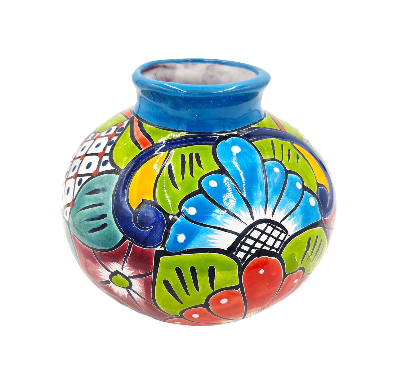 Mexican Talavera Hand Painted Flower Vase - Traditional Mexican Decorative Florero for Home Décor With Light Blue Trim